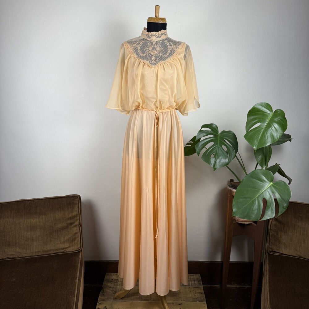 Vintage 70s Peach Chiffon Maxi Dress Flutter Angel Sleeves High Neck Lace Collar